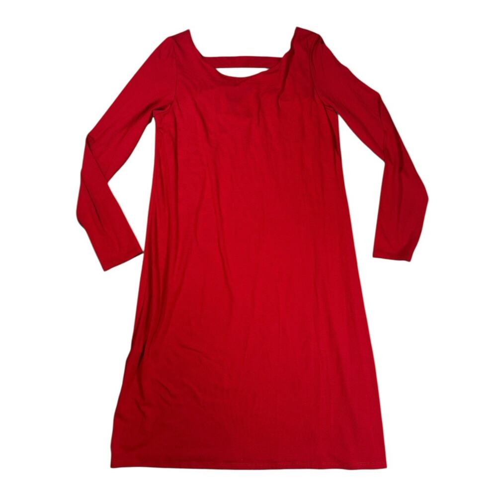 Eileen Fisher Jersey Shift Dress M Open Back Long Sleeve Knee Length Red Stretch